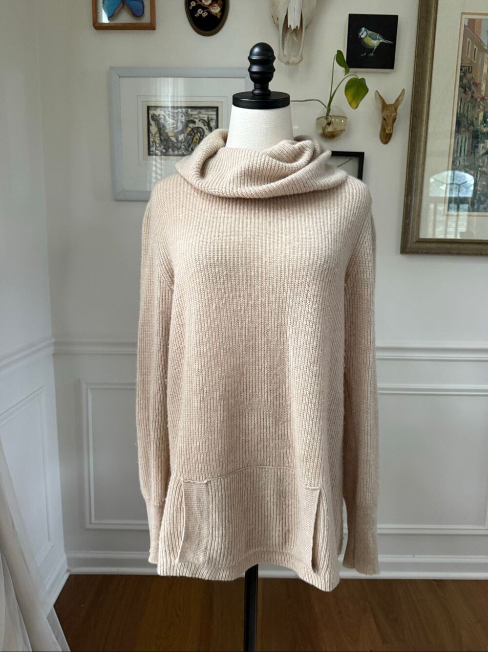 Knit & Lynk 100% Cashmere Ribbed Cowl Neck Oversized Knit Sweater Kangaroo Pocke